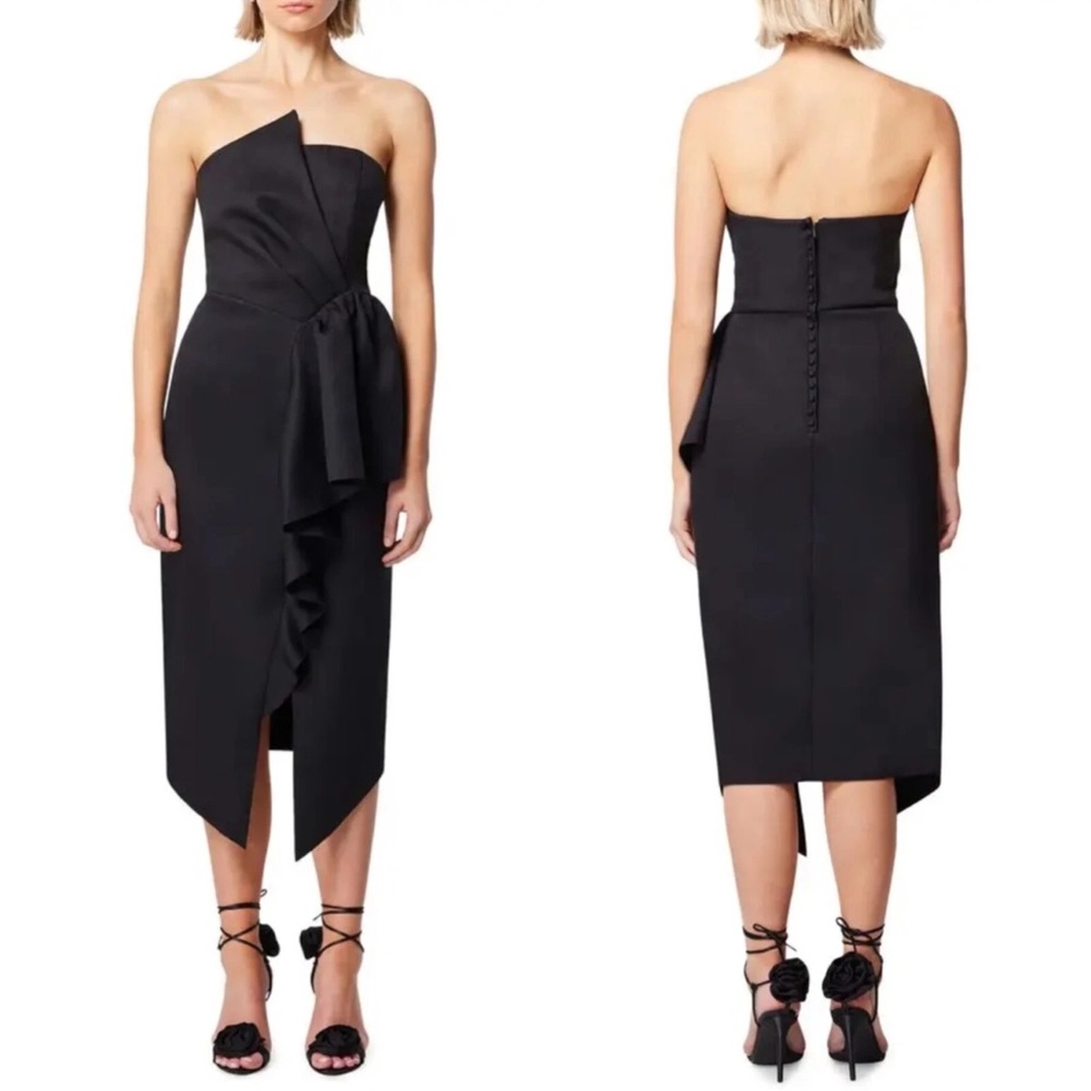 NEW ELLIATT Black RECEPTION Cascade RUFFLE Strapless COCKTAIL Midi DRESS Large